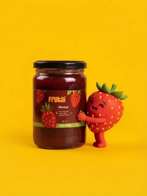 Morango sorridente abraçando um pote de Frutaí em fundo amarelo