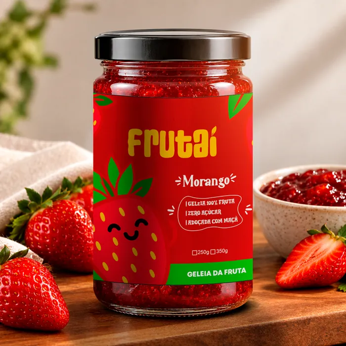 Pote de Frutaí Geleia Zero Açúcar sabor morango sobre a mesa, ao lado de morangos frescos